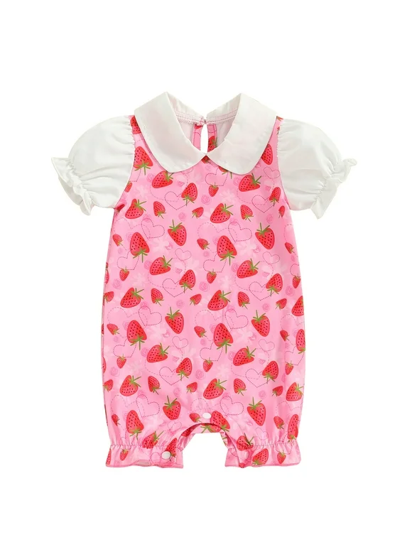 Toddler Baby Girl Strawberry One Piece Romper Soft Cute Doll Collar Bubble Puff Sleeve Frill Trim Heart Print Jumpsuit Clothes