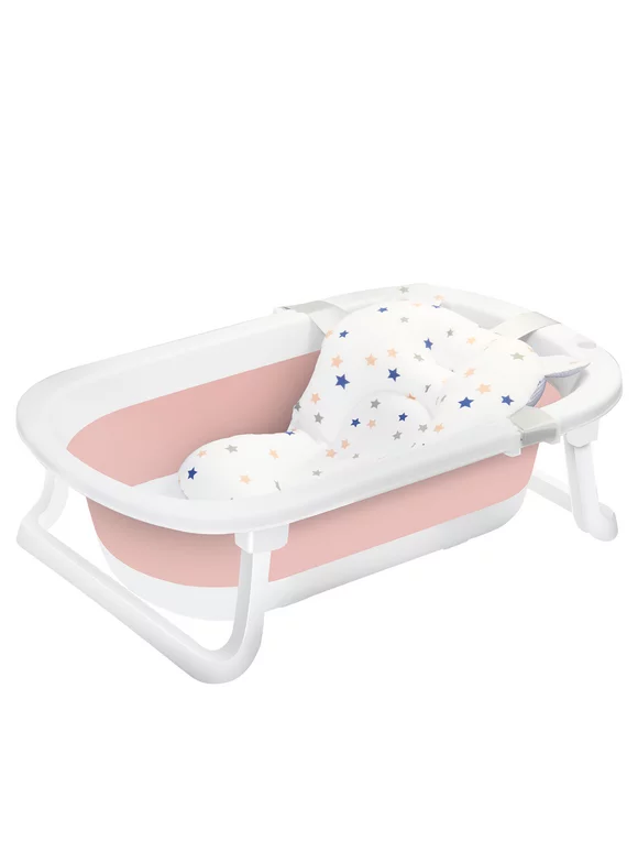 Ubravoo Newborn Baby Bath Tub with Drain Hole, Foldable Toddler Bathtub with Soft Cushion Pad, Portable Travel Bathtub Built in Anti-Slip Support for Newborn 0-36 Month Pink