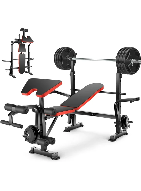 VIBESPARK Adjustable Weight Bench 600lbs 5-in-1 Foldable Workout Bench Set with Barbell Rack Leg Developer Preacher Curl Rack Dumbbell Fly Attachment, Multi-Function Strength Training Bench Press