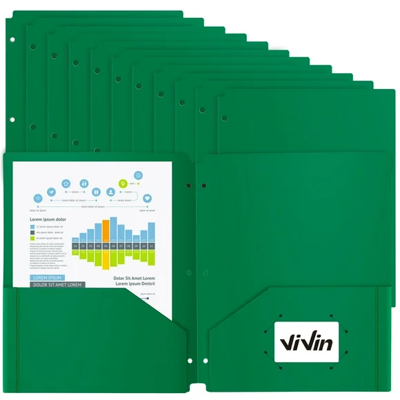 ViVin 12 Pack 3 Hole Punch Pocket Folder, Heavyweight Folders with Pockets, Two-Pocket Poly Portfolio 3 Hole Punched, fits Letter Size US Paper, for School Home & Office (Green)
