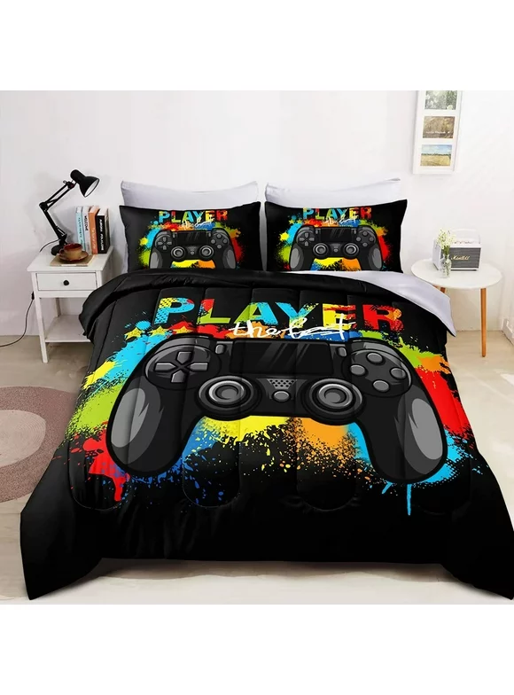 Wajade 7 Piece Gaming Boys Comforter Set Bed in A Bag, Game Controller Bedding Set for All Season (1 Comforter, 1 Flat Sheet, 1 Fitted Sheet, 2 Pillowcase and 2 Pillow Sham, Twin Size)