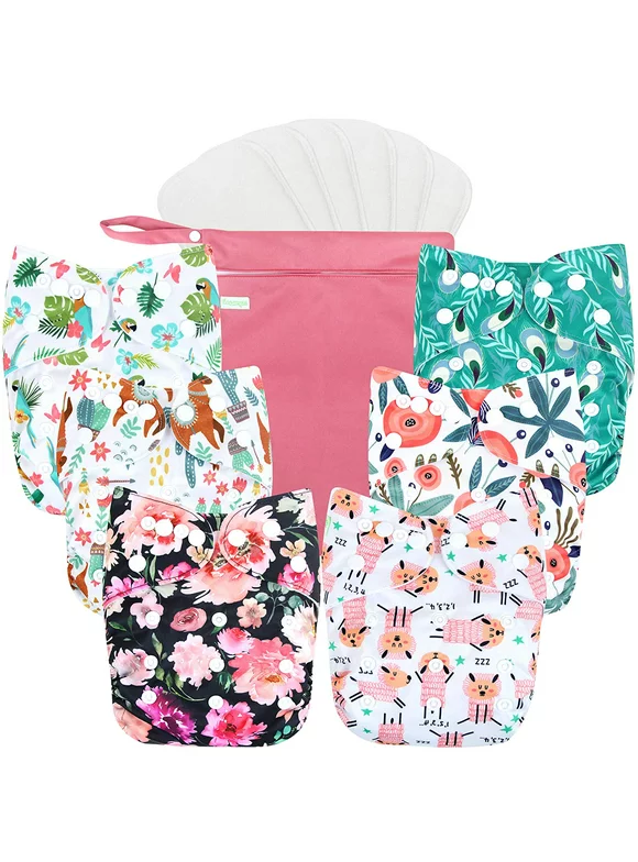 Wegreeco Washable Reusable Baby Cloth Pocket Diapers 6 Pack + 6 Bamboo Inserts (with 1 Wet Bag, Flowers)