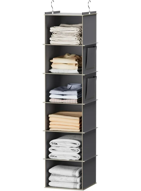 YOUDENOVA Hanging Closet Organizer, 6-Shelf Cloth Hanging Storage with Side Pockets,Grey