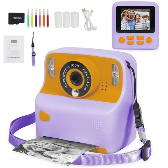 Yexmas Instant Print Digital Kids Camera 1080P Rechargeable HD Digital Video Cameras with 32G SD Card Gift for 3-12 Years Old Toddler Toy Girls Boy Birthday Gifts for Kids Purple