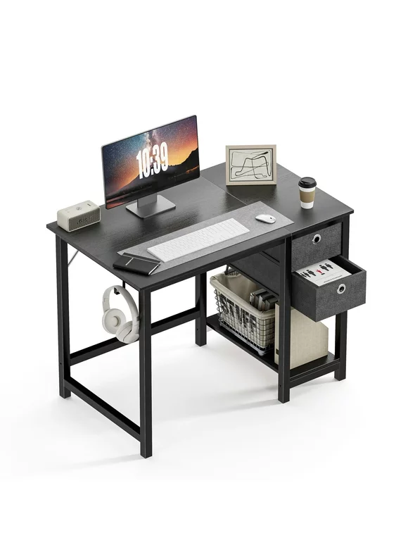 Edx Computer Desk with Drawer 40 Inch PC Table Study Desk with 2-Tier Drawers Storage Shelf Headphone Hook, Modern Simple Style Laptop Desk