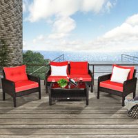 Costway 4-piece Outdoor Patio Rattan Wicker Loveseat, 2 Single Sofas And 1 Tea Table with Red Cushions