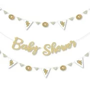 Pink Elegant Cross - Girl Religious Baby Shower Letter Banner Decoration - 36 Banner Cutouts and No-Mess Real Gold Glitter Baby Shower Banner Letters