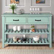 Console Table Sofa Table with Drawers 2 Cabinets and Bottom Shelf, 45''x15''x31'' Console Table w/ Solid Wood Frame and Legs, Retro Wood Accent Storage Cabinet for Kitchen, Blue, S5339