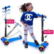 Hurtle HUFS88B - ScootKid 4-Wheel Kids Scooter - Child & Toddler Toy Scooter with Built-in LED Wheel Lights, Portable Folding Style (Ages 5-12 Years)