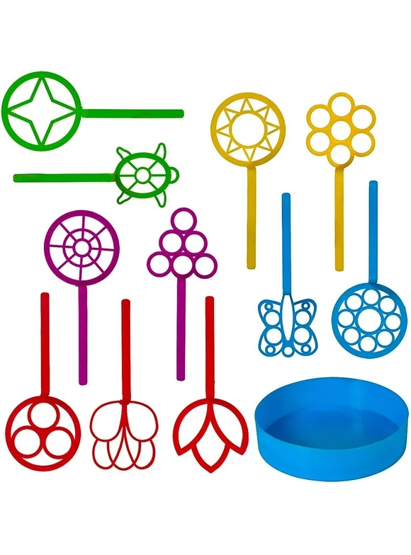 Neliblu Bulk Bubble Wand Set of 11 - Assorted Shapes and Colors | Bubble Maker Toy with Bubble Solution Tray | Party Favor for Kids | Big Bubble Wand Included