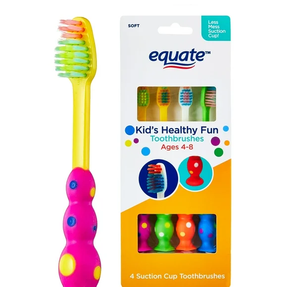 Equate Kids Healthy Fun Manual Toothbrushes with Suction Stand, Soft Bristles, Child, 4 Count