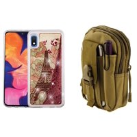 Bemz Quicksand Series Compatible with Samsung Galaxy A10e Case Bundle: Liquid Glitter Cover (Pink Paris Eiffel Tower) with Tactical Organizer Travel Pouch (Khaki) and Atom Cloth