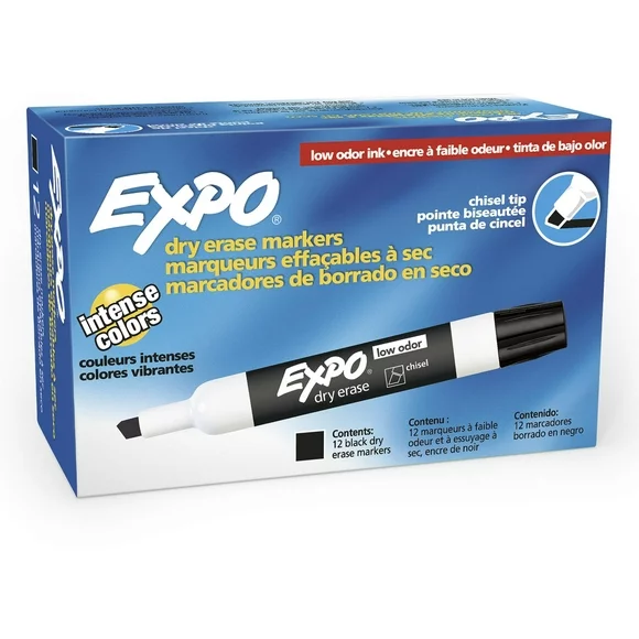 Expo Low Odor Dry Erase Markers, Chisel Tip, Black, 12 Count