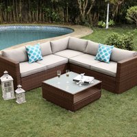 COSIEST 4-Piece Outdoor Furniture Set All-Weather Brown Wicker Sectional Sofa w Warm Gray Thick Cushions, Glass Coffee Table, 2 Teal Pattern Pillows Incl. Waterproof Cover, Clips