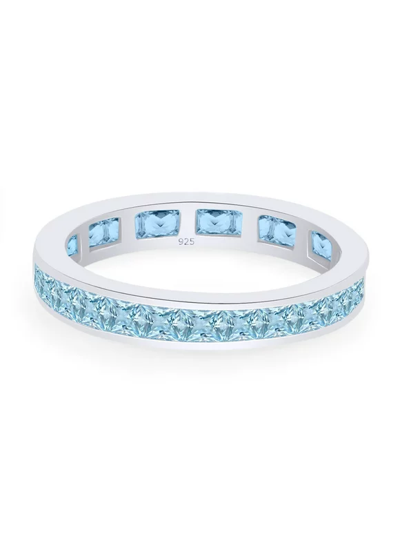 Princess Cut Simulated Blue Aquamarine CZ Eternity Band Ring In 14k White Gold Over Sterling Silver (1.35 Cttw) By Jewel Zone US