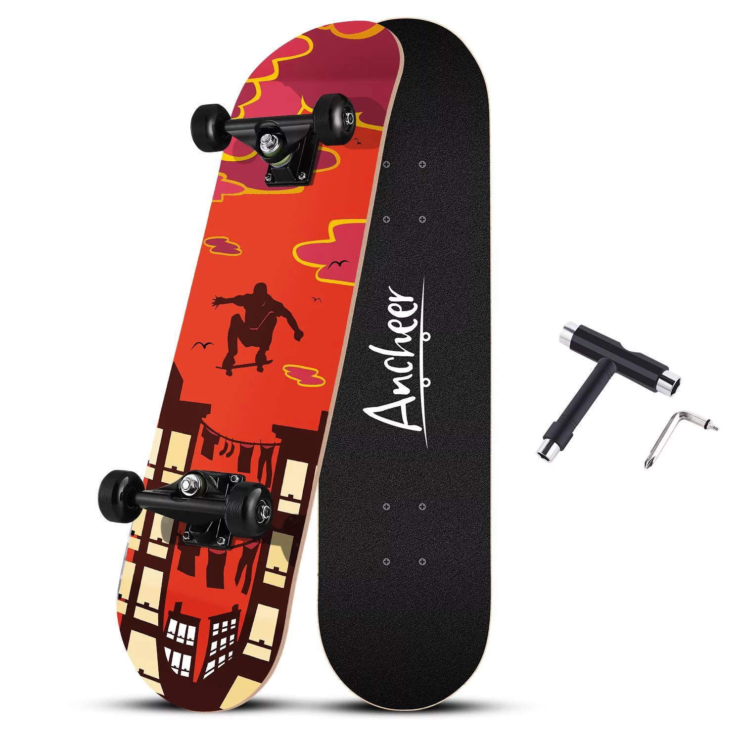 33''Pro Skateboards Cruiser Complete Skateboard Long board, 7 Layer Maple Wood Skate board Deck with ABEC-11 Bearing Perfect Present Gifts for Boys Girls Youths Beginners RllYE