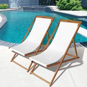 Beach Sling Chair Set Patio Lounge Chair Outdoor Reclining Beach Chair Wooden Folding Adjustable Frame Solid Eucalyptus Wood with White Polyester Canvas 3 Level Height Portable Set of 2,Natural Oiled