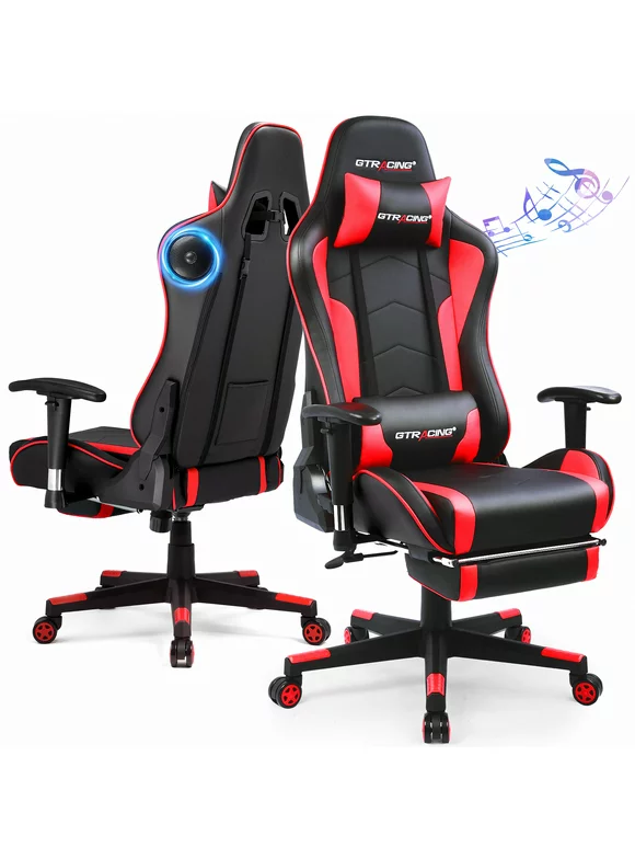 GTPLAYER Gaming Chair with Bluetooth Speakers Music Office Chair with Footrest PU Leather Recliner, Red