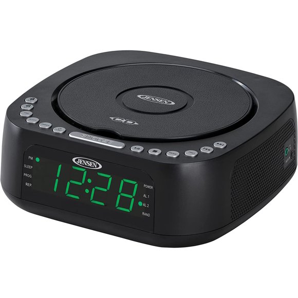 Jensen JCR-375 Audio CD Player Tabletop All-in-one Stereo Dual Alarm Clock Digital FM Radio | Top-Loading CD/MP3/WMA Discs Player | USB Charging Port 2.1A | Headphone Jack | 0.9 Display Green LED