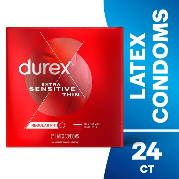 Durex Extra Sensitive Condoms, Ultra Thin, Lubricated Natural Rubber Latex Condoms for Men, FSA & HSA Eligible, 24 Count
