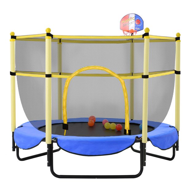 5ft Kids Trampoline with Basketball Hoop and Enclosure, Outdoor Indoor Mini Recreational Trampoline for Toddlers Boys Girls Birthday Gift, Blue Yellow