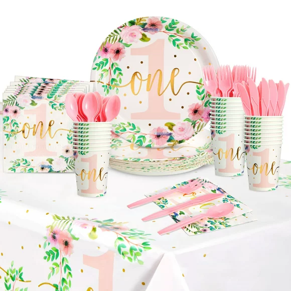 145 Piece Floral Party Supplies for Girls 1st Birthday Decorations, Plates, Napkins, Tablecloth, Cups, Cutlery, Serves 24