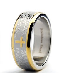 Men's Lord's Prayer Ring Christian Cross Stainless Steel 8MM Goldtone Size 7