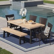 Bobby Outdoor 6 Piece Acacia Wood Dining Set with Wicker Stacking Chairs, Brushed Grey, Brushed Mahogany, Multibrown