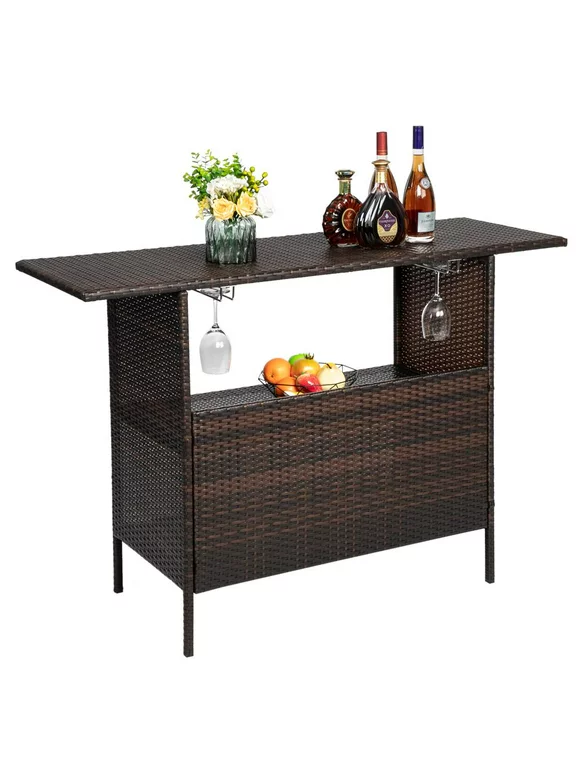 Zimtown Outdoor Wicker Bar Table with 2 Steel Shelves Brown, Patio Bar Table for Storage Function with 2 Tiers
