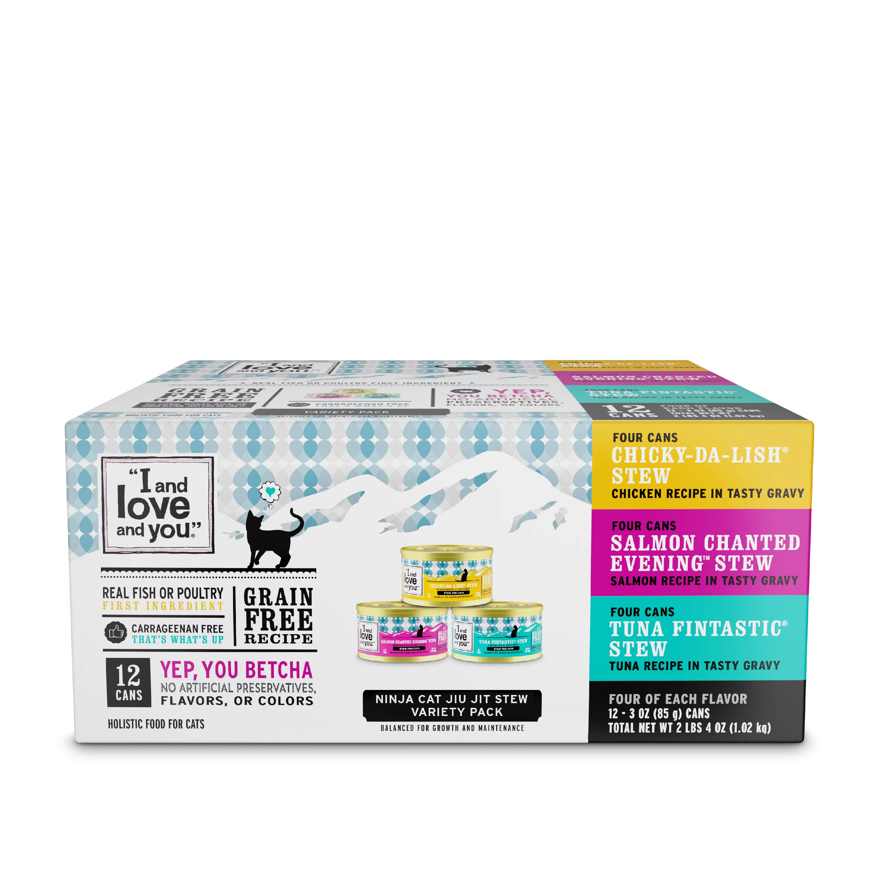 "I and love and you" Grain Free Wet Canned Cat Food Variety Pack; Chicky-Da-Lish, Salmon Chanted Evening, Tuna Fintastic
