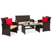 Best Choice Products 4-Piece Wicker Patio Conversation Furniture Set w/ 4 Seats, Tempered Glass Table Top - Brown/Beige