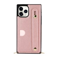 Bescita Leather Holder Case for iPhone 12/12 Pro with Neck hang belt Wrist Strap Cover rose Gold