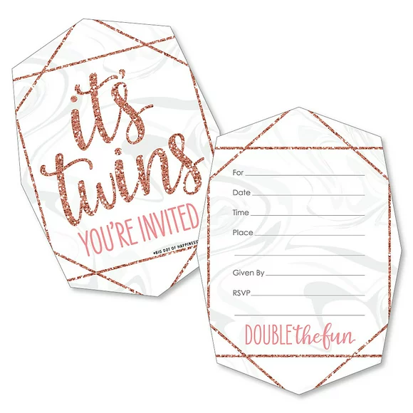 Its Twin Girls - Shaped Fill-In Invitations - Pink and Rose Gold Twins Baby Shower Invitation Cards with Envelopes - Set of 12