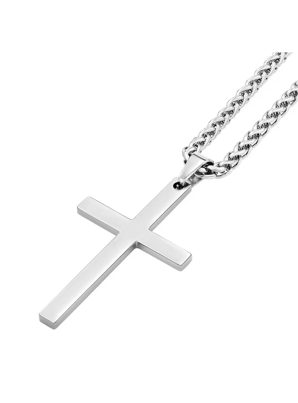 Men's Silver Cross Pendant & Wheat Chain Stainless Steel Necklace Set