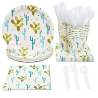 Serves 24 Cactus Party Supplies, 144pcs Mexican Fiesta Paper Plates, Napkins, Cups and Cutlery Set for Kids Birthday, Baby Shower, Cinco de Mayo