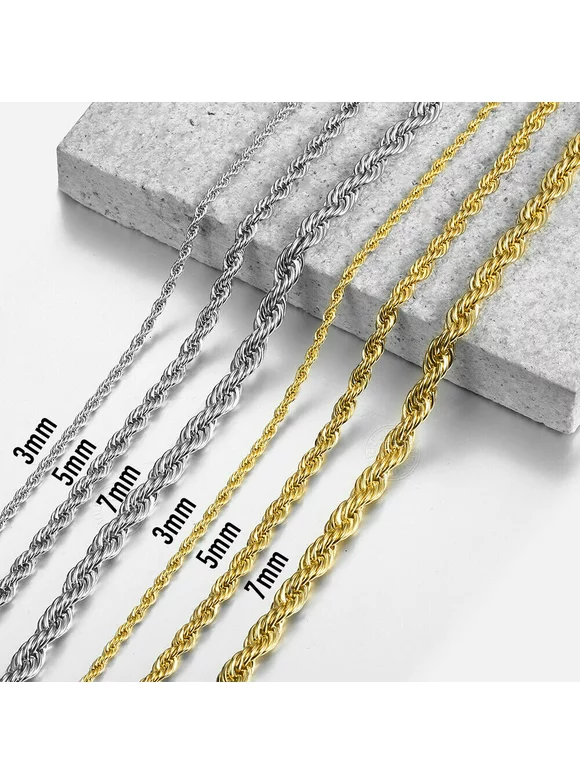 3/5/7mm Width 18-24 inches Twisted Rope Link Chain Silver/Gold Stainless Steel Necklace Men Women