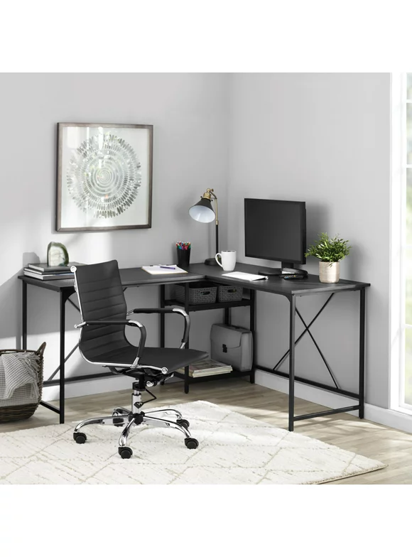 Mainstays Two-Way Convertible Desk with Lower Storage Shelf, Charcoal Finish and Black Metal Frame