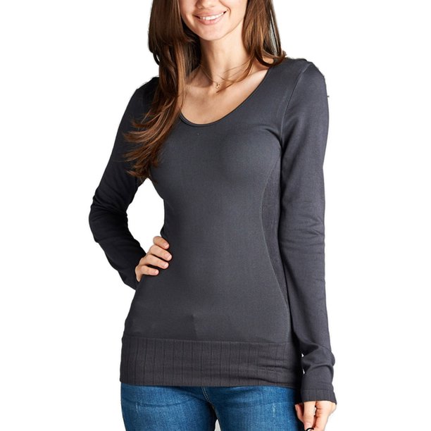 KOGMO Womens Seamless Scoop Neck Long Sleeve Top with Ribbed Hem