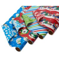 American Greetings Reversible Christmas Wrapping Paper, Blue and Red Snowmen, Santa, Stripes and Characters (4 Pack, 120 sq. ft.)