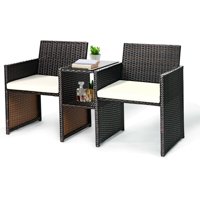 Gymax Cushioned Patio Rattan Seat Loveseat Sofa Table Chairs