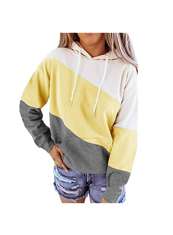 REORIAFEE Long Sleeve Shirts for Women Casual Fall Tunics Sweetheart Stripe Print Hooded Tops Sweatshirt Yellow S