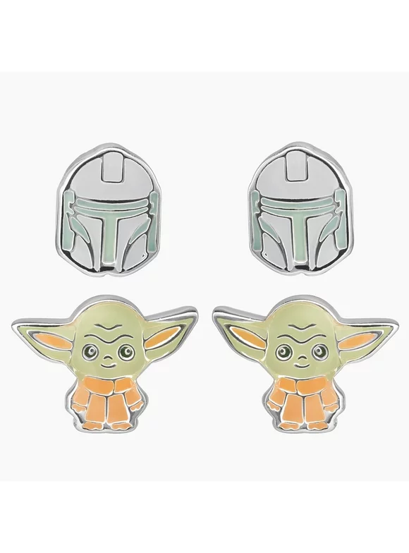 Star Wars Girl's Mandalorian Characters Silver Plated Stud Earrings Set, 2 Pairs