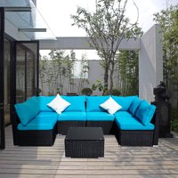 Ainfox Outdoor Patio Furniture on Clearance 7-Pieces PE Rattan Wicker Sectional Sofa Sets with Blue Pillows,Cushions+ White Pillows