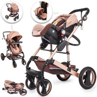 VEVOR 3 in 1 Stroller Khaki Baby Stroller 3 in 1 with Baby Basket(No Base) Foldable Luxury Baby Stroller Anti-Shock Springs High View Pram