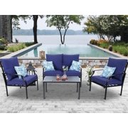 MF Studio 4 PC Outdoor Patio Furniture Padded Deep Seating Conversation Set with 1 Loveseat, 2 Single Sofa, 1 Coffee Table & 4 Free Pillow, Navy Blue