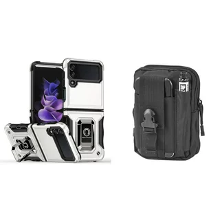 Case and Pouch Bundle for Samsung Galaxy Z Flip 4: Magnetic Series Stand Holder Case (Silver) and 600D Waterproof Nylon Tactical Bag