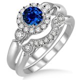 6mm Round Cut 2.25 Carat Blue Sapphire And Moissanite Diamond Engagement Ring Antique Three Stone Flower Halo Bridal Set On 10K White Gold, Promise Ring, Anniversary Ring