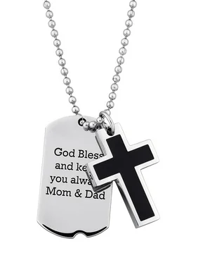 Personalized Two-Tone Double Dog Tag Cross Engraved Stainless Steel Pendant, 20"