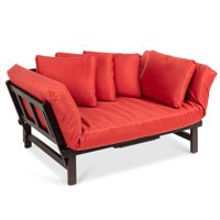 Best Choice Products Outdoor Convertible Acacia Wood Futon Sofa w/ Pullout Tray, 4 Pillows, All-Weather Cushion - Red