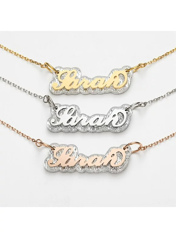 Personalized Stainless Steel Name on Clear Glitter Plaque Necklace